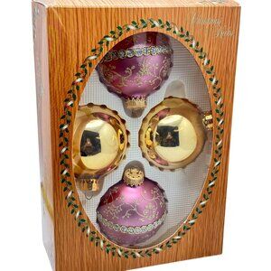 Christmas By Krebs Glass Ornaments Set Of 4 Pink Gold Glitter Rhinestone Box Vtg